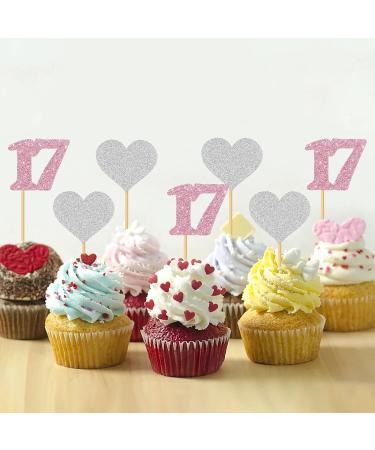 MonMon & Craft 17th Birthday Cupcake Toppers - Number 17 Sign - Girls 17th Birthday Cupcake Toppers - Sweet 17 Dessert Decor- Cheers to 17 Years Party Decorations Pink Silver Glitter - 24 Pcs - Buy Online on GoSupps.com