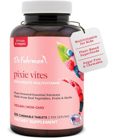 Dr. Fuhrman Pixie Vites Chewable Children's multivitamin | Whole Food Kids Multi with Vitamin D3 K2 & Zinc | Sugar Free Vegan Non-GMO | Organic Natural Fruits and Veggies | Berry Flavor | 120 Tabs - Buy Online on GoSupps.com