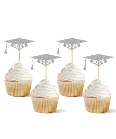 24 PCS 2024 Graduation Cupcake Topper Glitter Class of 2024 Grad Cap Congrats Grad Cupcake Picks for 2024 Graduation Theme Party Cake Decorations Silver