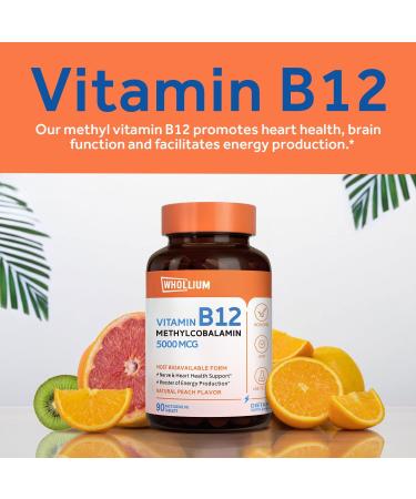 Whollium Methyl B12 5000mcg Supplement - Vegan, Fast Dissolve, Peach Flavor - Energy, Heart & Brain Health - 90 Tabs - Buy Online on GoSupps.com