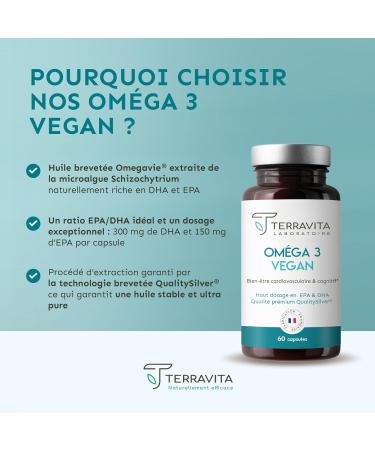 Vegan Omega 3 | Patented OmegaVie Oil from Schizochytrium Microalgae | 300 mg DHA and 150 mg EPA per Capsule | Guaranteed No Heavy Metals | 60 Capsules | Made in France | Terravita - Buy Online on GoSupps.com