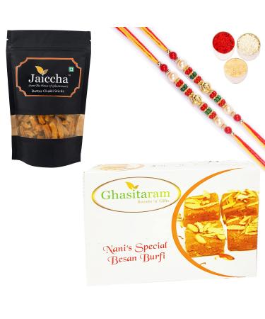 Ghasitaram Gifts Rakhi Gifts for Brothers Rakhi Sweets - Best of 2 Besan Barfi and Butter Chakli Sticks Pouch with 2 Pearl Beads Rakhis Best of 2 Besan Barfi & Chakli Sticks with 2 Rakhi