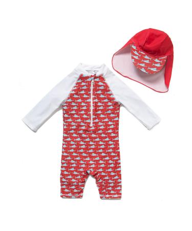 BONVERANO Baby Boys Swimsuit Toddler Bathing Suit Long-Sleeve Zipper One Piece Swimwear with UPF 50+ Sun Protection Swordfish 12-18 Months