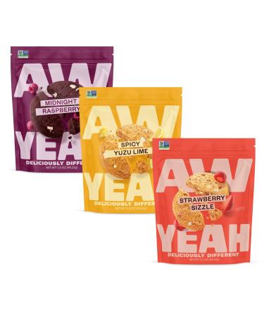 AwYeah Variety Pack Strawberry Sizzle Spicy Yuzu Lime & Midnight Raspberry Mini Cookies 3.5oz (3 Pack) Gluten-Free Vegan All-Natural Non-GMO Plant-Based Gourmet Treats for Snacking!