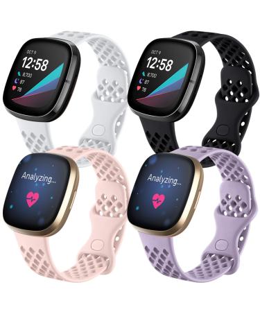 Maledan Compatible with Fitbit Sense and Versa 3 Bands for Women Men, Breathable Sport Band Replacement Wristbands Accessories Waterproof Strap with Air Holes, Small, 4-Pack Black/Pink/White/Lavender Pink/Black/Lavender/Wh…