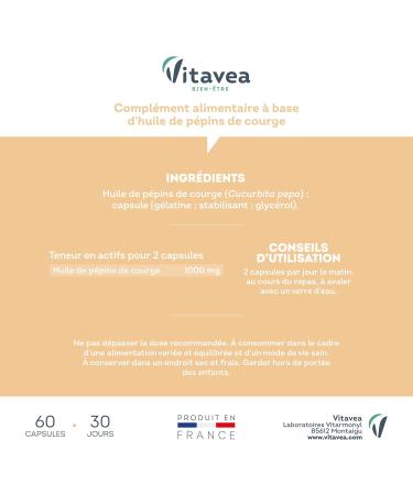 Vitavea - Pumpkin Seed 1000MG - Men's Food Supplement - Urinary Comfort - Prostate - Squash Seed Oil - 60 Tablets - Cure 1 Month - Made in France - Buy Online on GoSupps.com