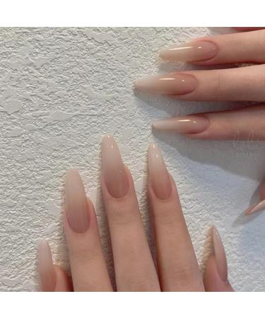 Justotry 24 pieces stiletto nails to stick on medium gradient brown french artificial nails almond art nails press on nails acrylic pointed fingernails fake nails short for women gradient 1
