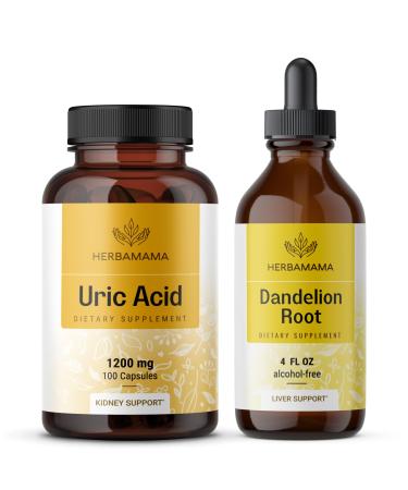 HERBAMAMA Uric Acid Complex and Dandelion Kit - Bundle of Uric Acid Complex & Dandelion Root Extract Tincture 4 fl oz - Vegan Non GMO Sugar & Alcohol-Free - 2 Pack
