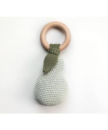 Pear Baby Fruit-Shaped Rattle and Sensory Teether Toy  0-24 Months  Soft Crochet & Beech Wood Teething Ring All-Natural Vegan & Kosher Certified 100% Plant Based Baby Toy  Gender Neutral Baby Gift