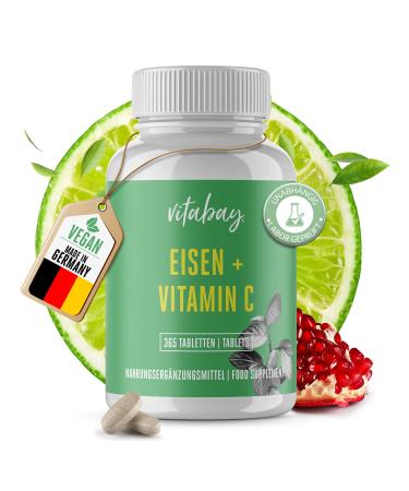 Vitabay iron tablets with 40mg natural vitamin C - 365 vegan tablets - iron bisglycinate iron high -dose - iron tablets with vitamin C iron high -doses vegan with high bioavailability