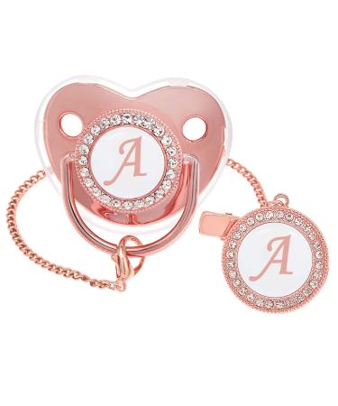 Bling Personalized Baby Pacifier with Pacifier Clips and Anti-dust Cover Pink A-Z 26 Letters(Pink A) Pink-A