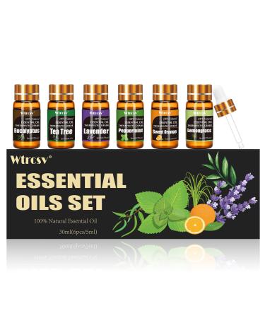 Essential Oils Set- 6 Aromatherapy Oils -Perfect for Diffuser Humidifier Aromatherapy Candle Making Massage-Peppermint Tea Tree Lavender Eucalyptus Lemongrass Sweet Orange(5ml) 6 Scents