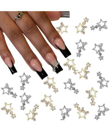 Baoximong 20 PCS Star Nail Art Charms 3D Nail Charms for Acrylic Nails Gold Silver Nail Art Supplies Shiny Gems Rhinestones Design Nail Jewels Accessories for Women Nail Decorations Star Nail Charms 03