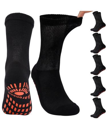 Aaronano 5 Pairs Bamboo Diabetic Socks with Grip Non-Binding Hospital Non Slip Crew Socks Men Women (Black  M) Medium Black (With Grips)
