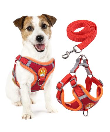 Rennaio dog harness no pull adjustable puppy dishes with 2 linen clips ultra comfortable chest harness and leash set for small and medium-sized dogs (red l) red l