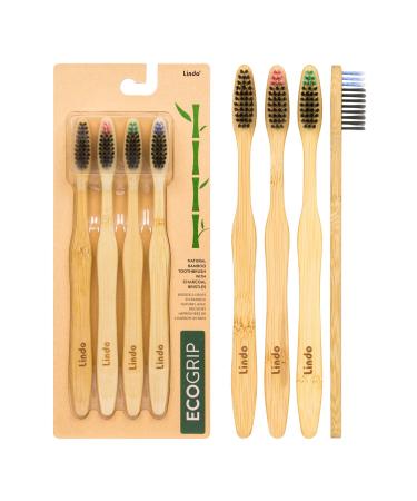 Lindo EcoGrip Charcoal Infused Bamboo Toothbrush - Soft German Made Fiber Bristles Organic Biodegradable and 100% Recyclable Multi-Colored - Pack of 4