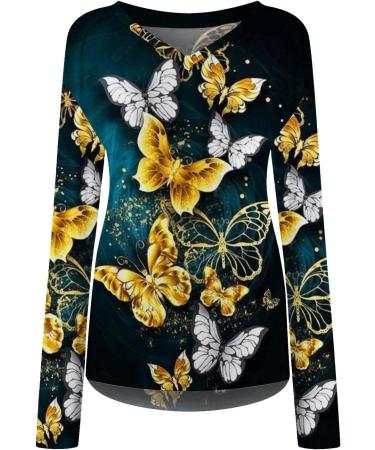 Routinfly Women's Casual V-Neck Tops | Long Sleeve Butterfly Print Blouse | Fashionable Basic Tees XL 05-Gold - Buy Online on GoSupps.com