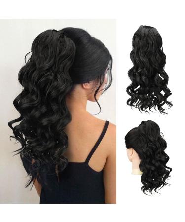 Body Wavy Ponytail Extension for Women, PEACOCO Long Curly Drawstring Ponytail Hair Extensions 16 Inch Natural Pony Tail Hair Piece Black Synthetic Ponytails for Black Women (1B) 16 Inch (Pack of 1) 1B