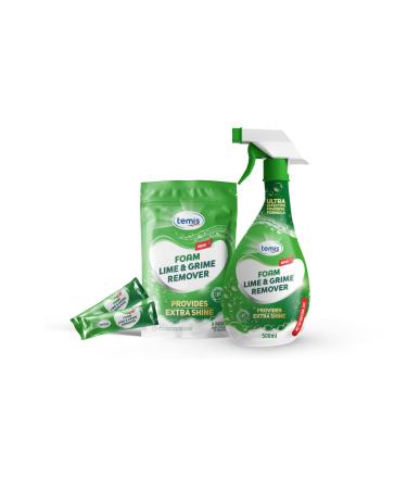 Temis Foam Lime & Grime Remover - CLR Calcium Lime Remover - 135 fl oz total (8x16.9 fl oz) - Lime Away Foam Bathroom Cleaner (Re-usable Trigger Bottle & 4 Liters Refills)