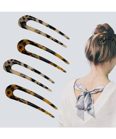 Borsun 4 Pack U Shaped Hair Pins for Buns French Pin Hair Fork Sticks for Long Hair 2 Prong Hair Stick for Women and Girls(Light&Dark Brown) Pattern 1