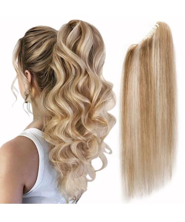 SEGOHAIR Claw Clip Ponytail Hair Extensions Human Hair 14 Inch Ponytail Extension Natural Real Hair Straight Remy Hair Extensions-Medium Golden Brown with Bleach Blonde(115g) 14INCH 12P613Medium Golden Brown with Bleach Blonde