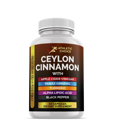 Athletic Choice Ceylon Cinnamon Supplement 6-in-1 Extract w/ACV Turmeric Ginseng Alpha Lipoic Acid & Black Pepper Powder 60 Pills Non-GMO & Gluten-Free Ceylon Cinnamon Capsules