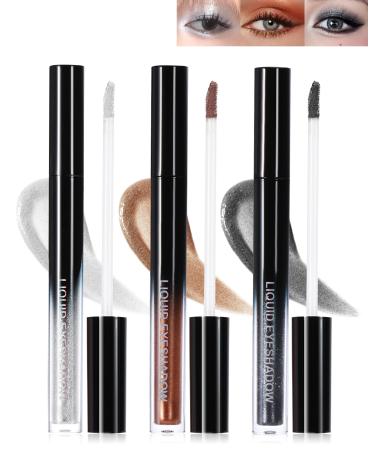 Waterproof Liquid Glitter Eyeshadow Set 3 Colors Brown Grey Silver Shimmer Metallic Eyeshadow High Pigmented Quick-Drying Long Lasting Sparkling Colored Eye Shadow Halloween Makeup for Women-A 01+02+03 Silver + Brown + Grey