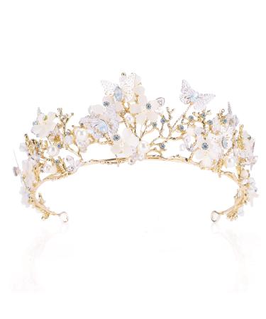 Mystery Gold Tiara for Women  Butterfly Fairy Crown Flower Tiara Headband Queen Crown Wedding Tiaras Princess Crown with Pearl Crystal & Rhinestone for Girls Party Bridal Costume Birthday Gift Crown Golden