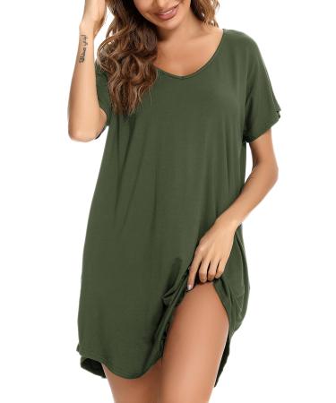 Aseniza Women's Nightdresses Nightshirt Nightgown Nightwear Loungewear V Neck Casual Loose Short Sleeve Oversized Sleepwear Style A-green M