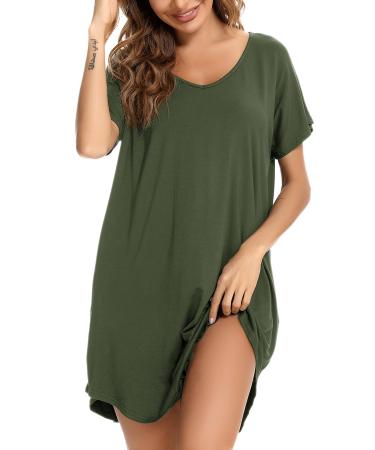 Aseniza Women's Nightdresses Nightshirt Nightgown Nightwear Loungewear V Neck Casual Loose Short Sleeve Oversized Sleepwear Style A-green XL