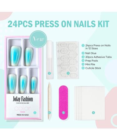 Jofay Fashion Press On Nails Medium - Milky Blue Gel Tips | Summer Beach Ballerina Coffin | Reusable Fake Nails Kit - Buy Online on GoSupps.com