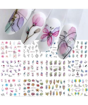 Ruziister 12 pieces of geometry line-blum-leaf nail art sticker water transfer nail sticker graffiti painted colorful slide sticker decoration nail design