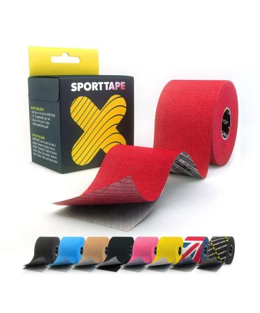SPORTTAPE Extra Sticky Kinesiology Tape 5cm x 5m - Red | Hypoallergenic Waterproof K Tape | Physio Medical Sports Tape for Muscle Injury Support | Uncut - Single Roll