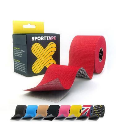 SPORTTAPE Extra Sticky Kinesiology Tape 5cm x 5m - Red | Hypoallergenic Waterproof K Tape | Physio Medical Sports Tape for Muscle Injury Support | Uncut - Single Roll - Buy Online on GoSupps.com