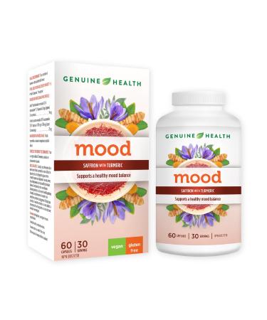 Genuine Health mood 60 count 30 day supply Saffron and Turmeric for natural daily mood balance and support Dairy & gluten-free Vegan