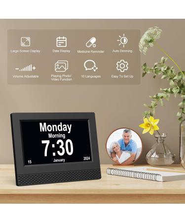 Senxingyan 7 HD Digital Calendar Alarm Clock - Dimmable Alarm for Seniors & Alzheimer Patients - Multiple Clock Modes in Black - Buy Online on GoSupps.com