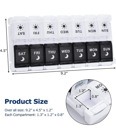 7 Day AM PM Pill Organizer - 14 Day Weekly Pill Box for Fish Oil/Supplements - Easy Fill & Push Button Design - Large Compartment Daily Pill Case - Black+White - Buy Online on GoSupps.com