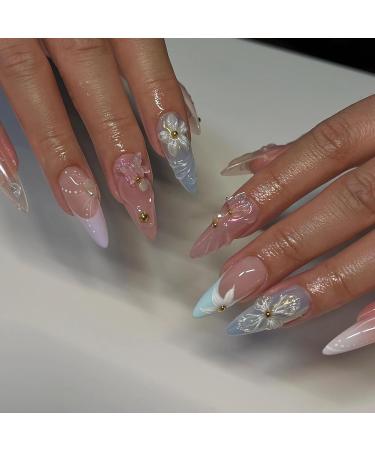 BABALAL 24Pcs Almond Press on Nails - Medium 3D Silver Chrome Flower Butterfly Design | Handmade Coquette Stiletto Glue-ons - Premium Acrylic Manicure ANa101 - Buy Online on GoSupps.com