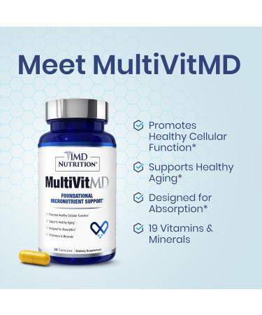 1MD Nutrition MultiVitMD Daily Multivitamin 19 Essential Vitamins & Minerals for Adults Over 55 | Supports Healthy Aging, Heart, Brain, Bone, & Immune Health | Designed for Absorption | 30 Capsules - Buy Online on GoSupps.com