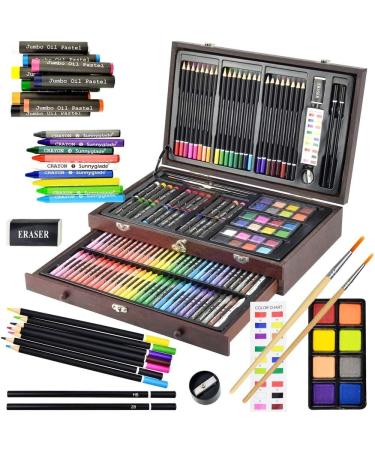 Sunnyglade 145 Piece Deluxe Art Set  Wooden Art Box & Drawing Kit with Crayons  Oil Pastels  Colored Pencils  Watercolor Cakes  Sketch Pencils  Paint Brush  Sharpener  Eraser  Color Chart (Cherry) multi-color - Buy Online on GoSupps.com