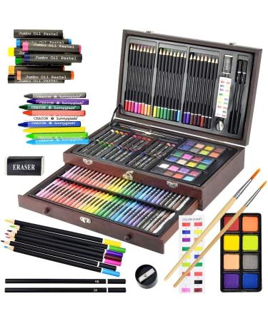 Sunnyglade 185 Pieces Double Sided Trifold Easel Art Set, Drawing Art Box  with Oil Pastels, Crayons, Colored Pencils, Markers, Paint Brush,  Watercolor