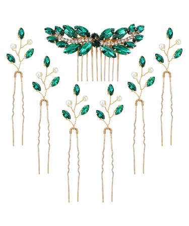 inSowni 7 Pieces Vintage Proms Bridal Wedding Glitter Emerald Green Rhinestone Crystal Gold Metal Hair Side Combs Slides U-shaped Hair Pins Accessories for Women Flower Girls Brides Bridesmaids