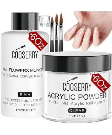 Cooserry 6oz Acrylic Nail Powder and Monomer Liquid Set - Clear Nail Kit with Professional Acrylic Brush for Beginners Acrylic Nail Extention French Nail Art at Home & as a Christmas Gift