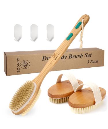 Gunoze Shower Brush Set, Dual-Sided Long Handle Back Scrubber with Soft and Stiff Bristles, and 2 Pack Dry Brushing Body Brush for Wet or Dry Brushing, Shower Body Exfoliating for Radiant Skin