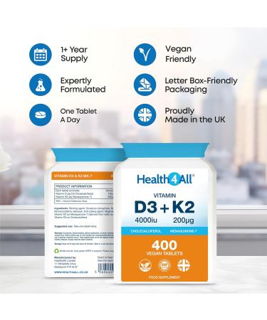 Health4All Vitamin D3 4000iu & Vitamin K2 200ug (Natural MK7) 400 Tablets (1+ Year Supply) Vegan Vitamin D3 K2 Supplement High Strength MK-7 from Natto Made in The UK - Buy Online on GoSupps.com