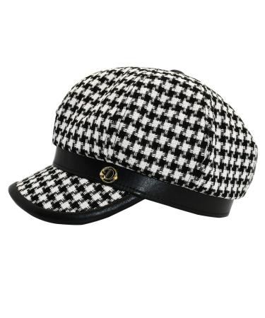 KORIXINE Women Beret Newsboy Caps French Hats Houndstooth Paperboy Hats for Girls Fall Fashion Leather Brim Octagonal Cap T1-houndstooth-black