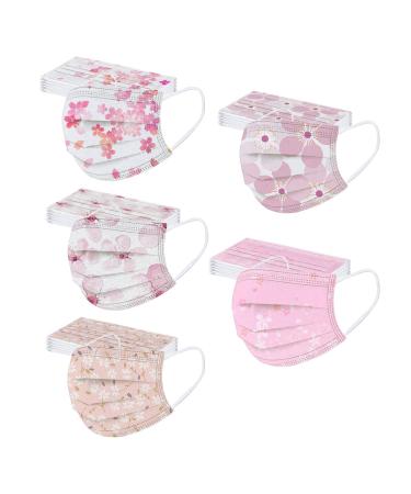 50 PC Adult Spring Disposable Face_Mask Flower Print Disposable Facemasks Face Bandanas Facecover with Design for Women Pink