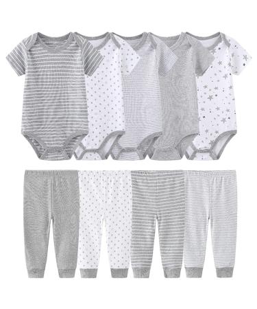chamie Newborn Baby Bodysuit Short-sleeved One-piece Baby Pants Baby vests 5 Pcs with Trousers 4 Pcs Pure Cotton Suitable for Boys and Girls 0-12M Grey 6-9 Months - Buy Online on GoSupps.com