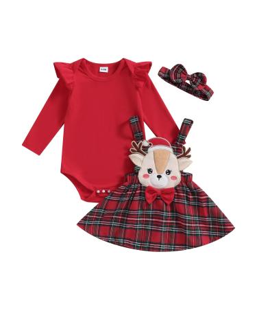 KameyouForever Baby Girl Christmas Outfit My First Christmas Long Sleeve Romper Top Deer Plaid Suspender Skirt Sets 0 3 6 9 12 18 Months 12-18 Months A Red