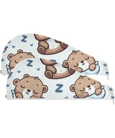 Sleeping Cute Happy Bear Hair Towel Set - Super Absorbent Quick Dry Hair Turbans for Women & Girls | 2 Pack - Buy Online on GoSupps.com